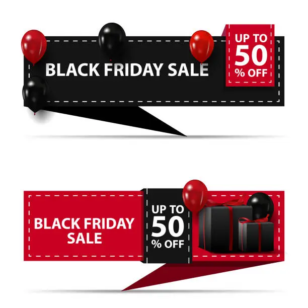 Vector illustration of Black friday sale, up to 50% off, black and pink horizontal discount banners in the form of ribbon isolated on white background for your arts