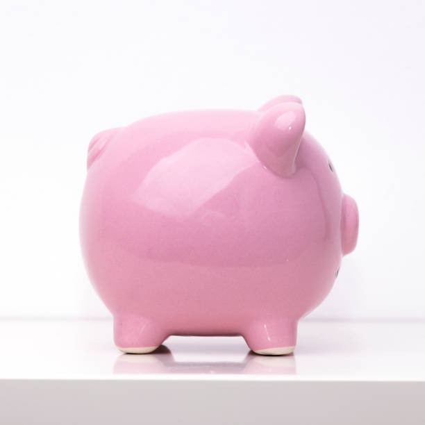 istock Pink piggy bank side view - left side, on white 1262648575