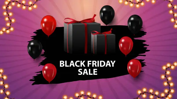 Vector illustration of Black friday sale, pink horizontal discount coupon with gifts and balloons