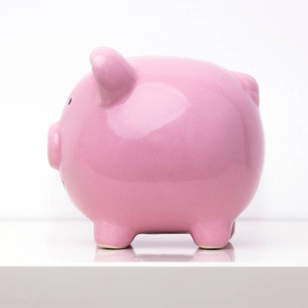 istock Pink piggy bank side view - right side, on white 1262648635