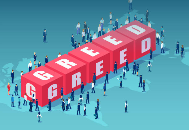 Vector of corporate people standing around word greed Vector of corporate people standing around word greed on world map background greedy stock illustrations