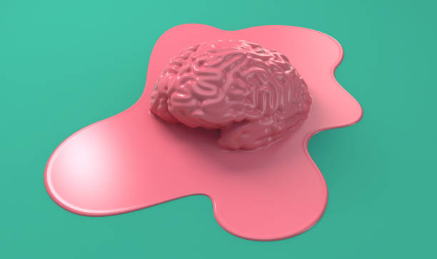 Melting Brain Concept A sylised concept of a human brain melting into a puddle of liquid on a green background - 3D render melting brain stock pictures, royalty-free photos & images