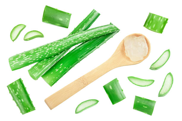 istock Aloe vera sliced in spoon isolated on white background with clipping path and full depth of field. Top view. Flat lay with copy space for your text 1262655049