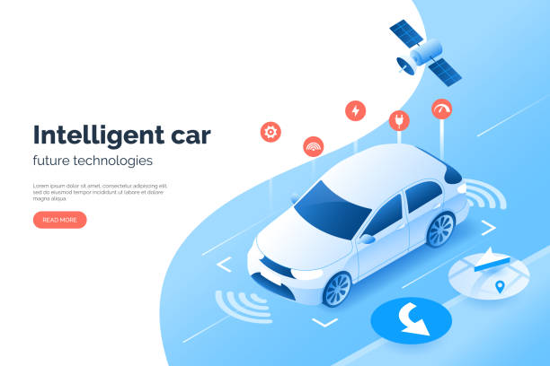 ilustracja technologii inteligentnego samochodu, styl izometryczny. system nawigacji satelitarnej gps pojazdu. autonomiczny samochód skanuje przestrzeń i drogę wokół niego. system monitorowania stanu auto. - isometric car vector land vehicle stock illustrations