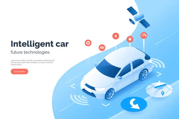 Vector illustration of Smart car technology illustration, isometric style. Vehicle GPS satellite navigation system. Autonomous car scans the space and road around it. Condition monitoring system of auto.