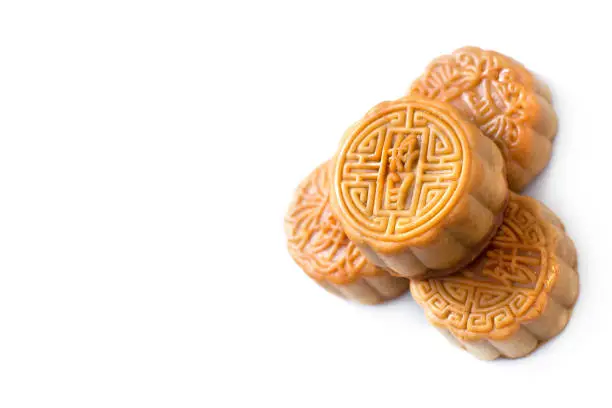 Photo of moon cakes in a Chinese mid-autumn festival on white background