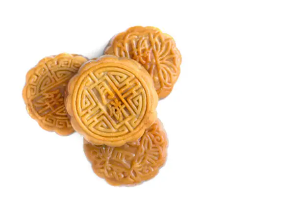 Photo of moon cakes in a Chinese mid-autumn festival on white background