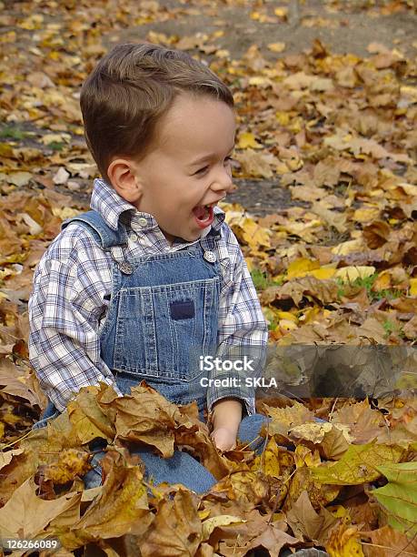 Foto de Garoto Sorrindo Enquanto Estiver Jogando Em Folhas De Outono e mais fotos de stock de Alegria