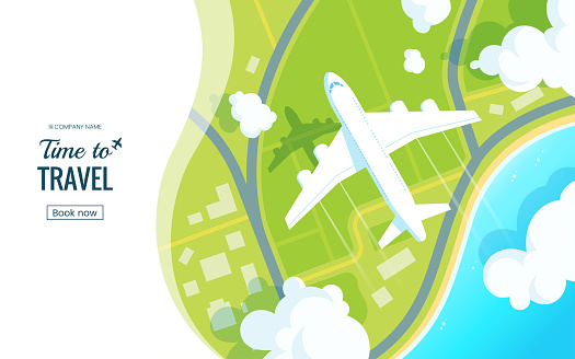 Traveling on airplane vector illustration. Plane flying over the ground in the clouds. View from above. Travel offer banner concept. Aircraft landing. Applicable for voucher, ticket, vacation flyer.
