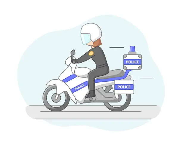 Vector illustration of Protection Of Population Concept. Policeman Ready To Protect Order And Apprehending a Criminals. Policewoman Officer Riding By The Road On Motorbike. Cartoon Linear Outline Flat Vector Illustration