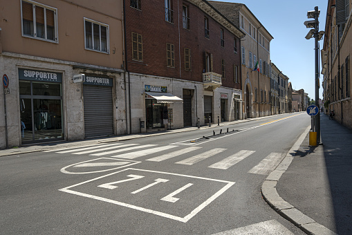 Ravenna, Italy.  July 28, 2020. indication on the asphalt of a restricted traffic area in the city center