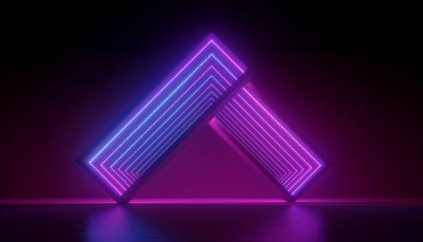 istock 3d render, abstract violet neon light background, blue pink glowing led diodes, geometric shape with optical illusion. Ultraviolet illumination. Modern design 1262668145