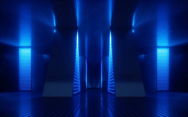 istock 3d render, blue neon abstract background, ultraviolet light, night club empty room interior, tunnel or corridor, glowing panels, fashion podium, performance stage decorations 1262668152