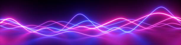 istock 3d render, abstract panoramic background with pink blue wavy lines. Glowing neon light, impulse equalizer chart in ultraviolet spectrum 1262668653