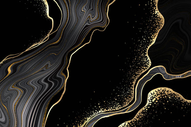 sfondo agata nero astratto con venature dorate, falso dipinto pietra artificiale, texture marmorea, superficie marmor stata di lusso, illustrazione marmorizzazione digitale - agate foto e immagini stock