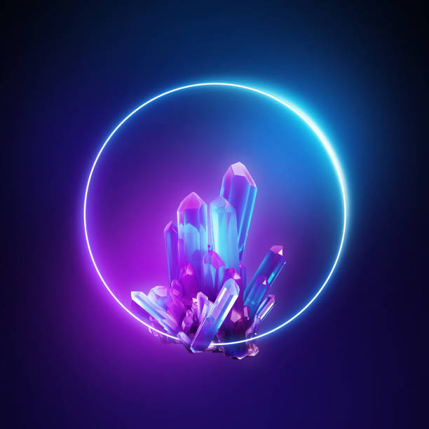 3d render, abstract neon background with crystals and round frame, ultraviolet spectrum. Esoteric wallpaper 3d render, abstract neon background with crystals and round frame, ultraviolet spectrum. Esoteric wallpaper crystal stock pictures, royalty-free photos & images