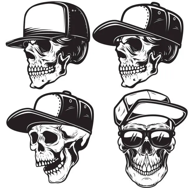 Vector illustration of Set of Illustrations of skull in baseball cap in monochrome style. Design element for emblem, sign, poster, card, banner. Vector illustration