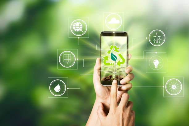Concept of mobile phones and environmental technology stock photo