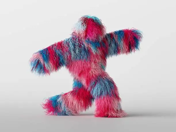 Photo of 3d render, furry beast cartoon character walking or dancing, isolated on white background, active posing. Fluffy toy. Colorful pink blue hairy monster