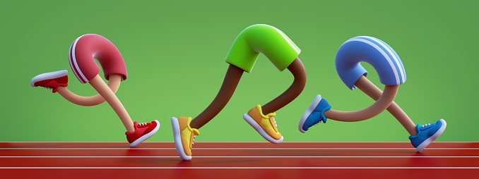 3d render, athlete cartoon character, running legs on stadium, marathon participants, sportive event