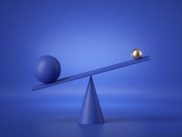 istock 3d render, balancing blue and gold balls placed on weighing scales, abstract geometric primitive shapes isolated on blue background. Statistics chart, comparison metaphor, balance concept. 1262682110