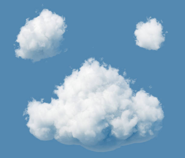 istock 3d render. Random shapes of abstract white clouds isolated on blue background. Cumulus stages clip art. 1262684247