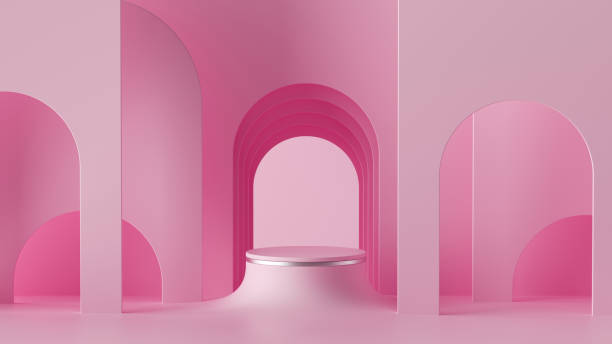 istock 3d render, abstract minimal room architectural background. Empty cylinder podium, arch niche, round stage, showcase stand, vacant pedestal, blank product display platform. Mockup with copy space 1262684280