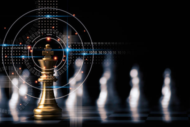 황금 왕 체스는 다른 체스 조각 앞에 서있다. 리더십 비즈니스 팀워크 및 마케팅 전략 계획 개념. - 도전 이미지 뉴스 사진 이미지