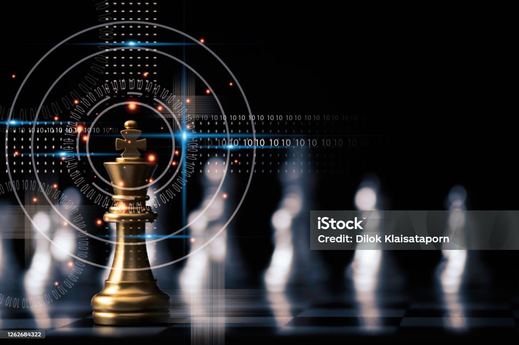 Golden king chess stand in front of others chess pieces. Leadership business teamwork and marketing strategy planing concept. Strategy Stock Photo