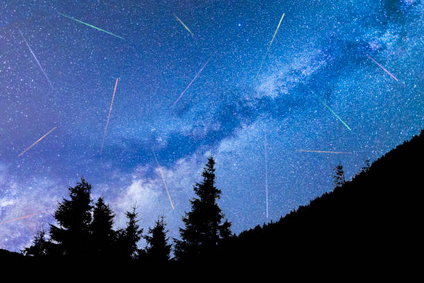 istock Blue Milky way falling stars pine trees silhouette 1262685053