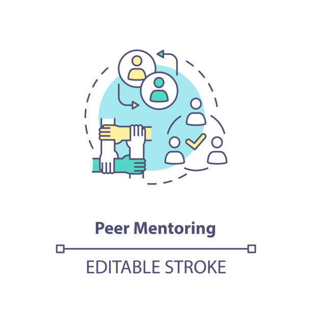 Peer mentoring concept icon Peer mentoring concept icon. Social togetherness, mutual support idea thin line illustration. People sharing experience, helping each other. Vector isolated outline RGB color drawing. Editable stroke peeking stock illustrations