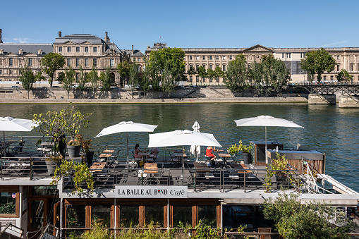 Paris, France. Monday 20 July 2020. Riverside cafe on a boat on the Seine in Paris