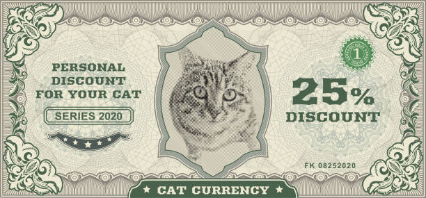 Vector money banknotes. Fake money illustration with realistic vector cat, floral border. Classical vintage style. Back sides of money bills Vector money banknotes. Fake money illustration with realistic vector tabby cat, floral border. Classical vintage style. Back sides of money bills money cat stock illustrations