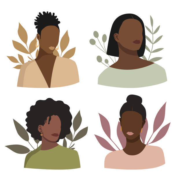 Abstract Black woman portraits. Set of female silhouettes. Girls faces with floral background. Vector illustration isolated on white. Flat design. Beautiful woman faces. leaves on the background. Fashionable figures. Pastel colors. african american woman stock illustrations