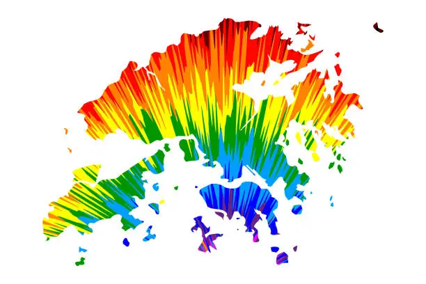 Vector illustration of Hong Kong - map is designed rainbow abstract colorful pattern, Special Administrative Region of the Peoples Republic of China (HK) map made of color explosion,