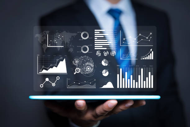 Data analytics report and key performance indicators on information dashboard for Business strategy and business intelligence. stock photo