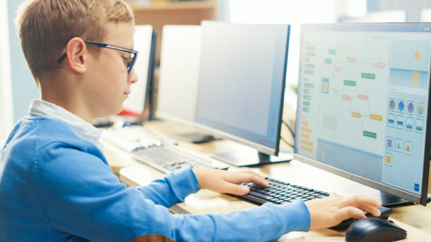 istock Elementary School Computer Science Classroom: Cute Little Boy wearing Glasses Uses Personal Computer, Learning Programming Language for Software Coding, Over the Shoulder Shot 1262689413