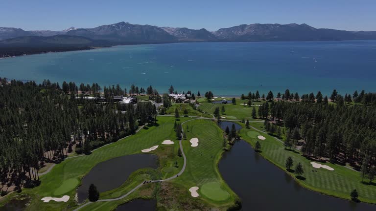 Aerial views of beautiful Lake Tahoe by drone.