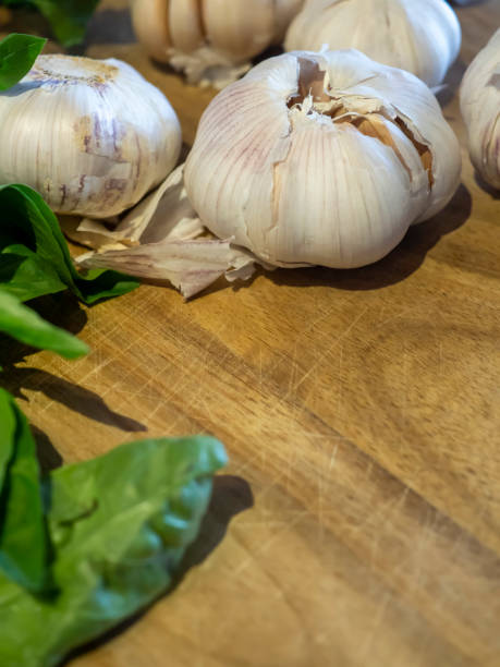 istock Garlic and basil leaves on cutting board 1262695933