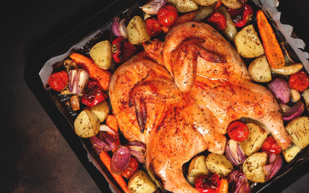 istock Roasted chicken with vegetables on a baking sheet 1262697164