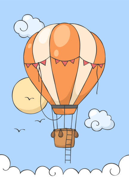 воздушный шар летит по голубому небу с облаками и солнцем на заднем плане. плакат для детской комнаты. детская печать для питомника. дизайн � - flying vacations doodle symbol stock illustrations