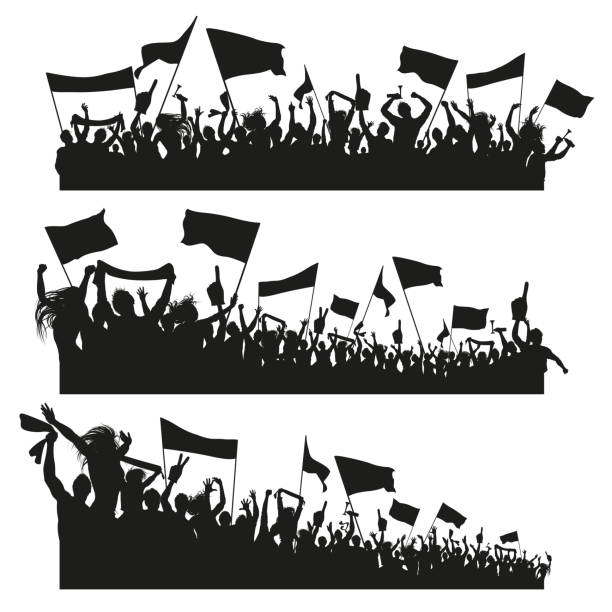 illustrations, cliparts, dessins animés et icônes de silhouette de foule d’applaudissements, personnes gaies. ventilateurs de sports avec des drapeaux - acclamation de joie