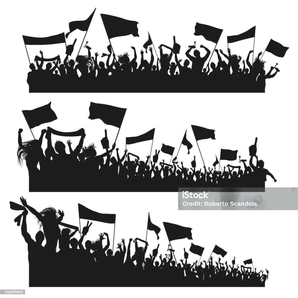 Oklaski sylwetka tłumu, wesołych ludzi. Fani sportu z flagami - Grafika wektorowa royalty-free (Fan)