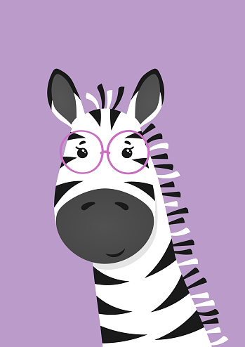 Cute zebra with glasses. Poster for baby room. Childish print for nursery. Design can be used for kids apparel, greeting card, invitation, baby shower. Vector illustration.
