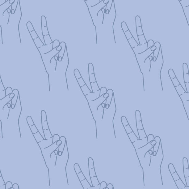 bezszwowy wzór ręcznie rysowanego znaku pokoju szkicu doodle. kontur sylwetki na niebieskim tle. gest ekspresji rysowanej ręcznie. - hand sign peace sign palm human hand stock illustrations