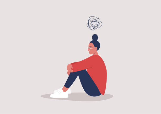 młoda przygnębiona postać kobieca siedząca na podłodze i trzymająca kolana, kreskówkowy bazgroł nad głową, problemy ze zdrowiem psychicznym - sending out mixed signals obrazy stock illustrations