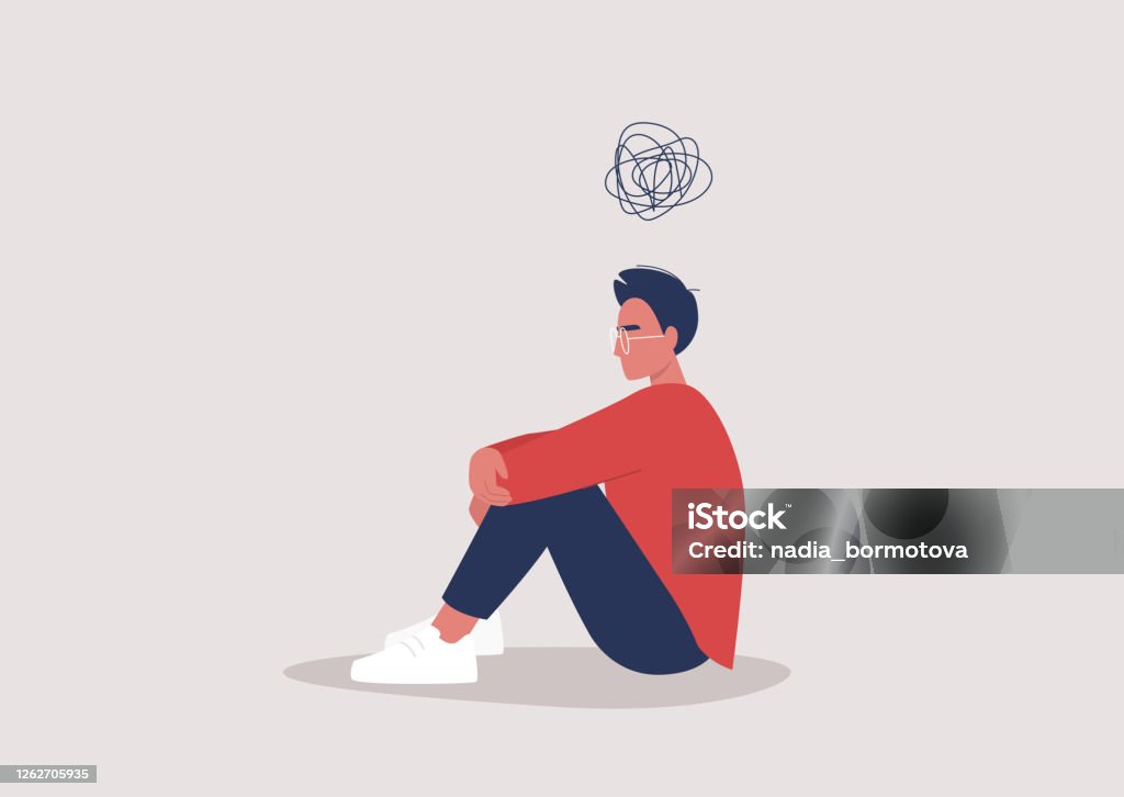 Young Depressed Male Character Sitting On The Floor And Holding Their Knees  A Cartoon Scribble Above Their Head Mental Health Issues Stock Illustration  - Download Image Now - iStock