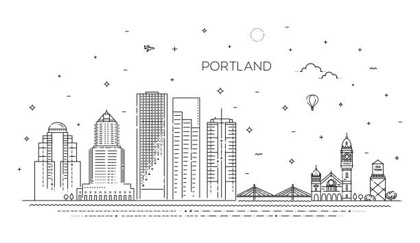 illustrazioni stock, clip art, cartoni animati e icone di tendenza di oregon, illustrazione vettoriale skyline linea portland - portland oregon skyline cityscape silhouette