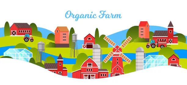 Vector illustration of Organic farm vector illustration with village view, mill, barn, tractor, greenhouse.