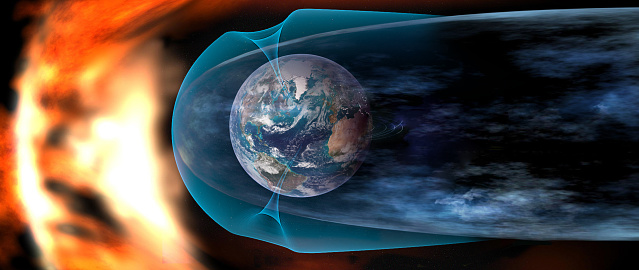 Proteja la Tierra del viento solar, el viento solar colisionando con el campo magnético de la tierra. Elementos de esta imagen proporcionada por la NASA. photo